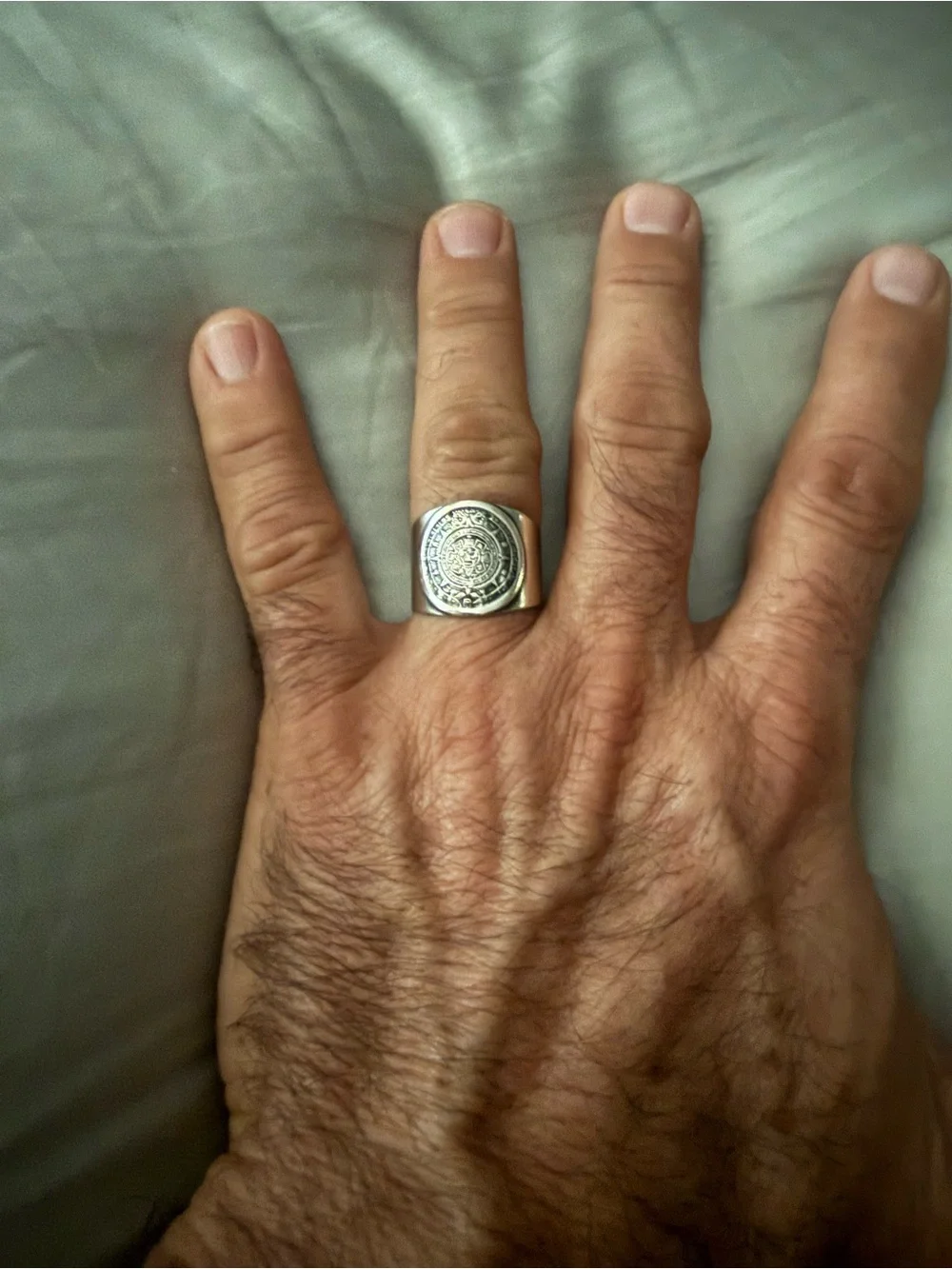 Men's Aztec Calendar Signet Ring in Silver Tone